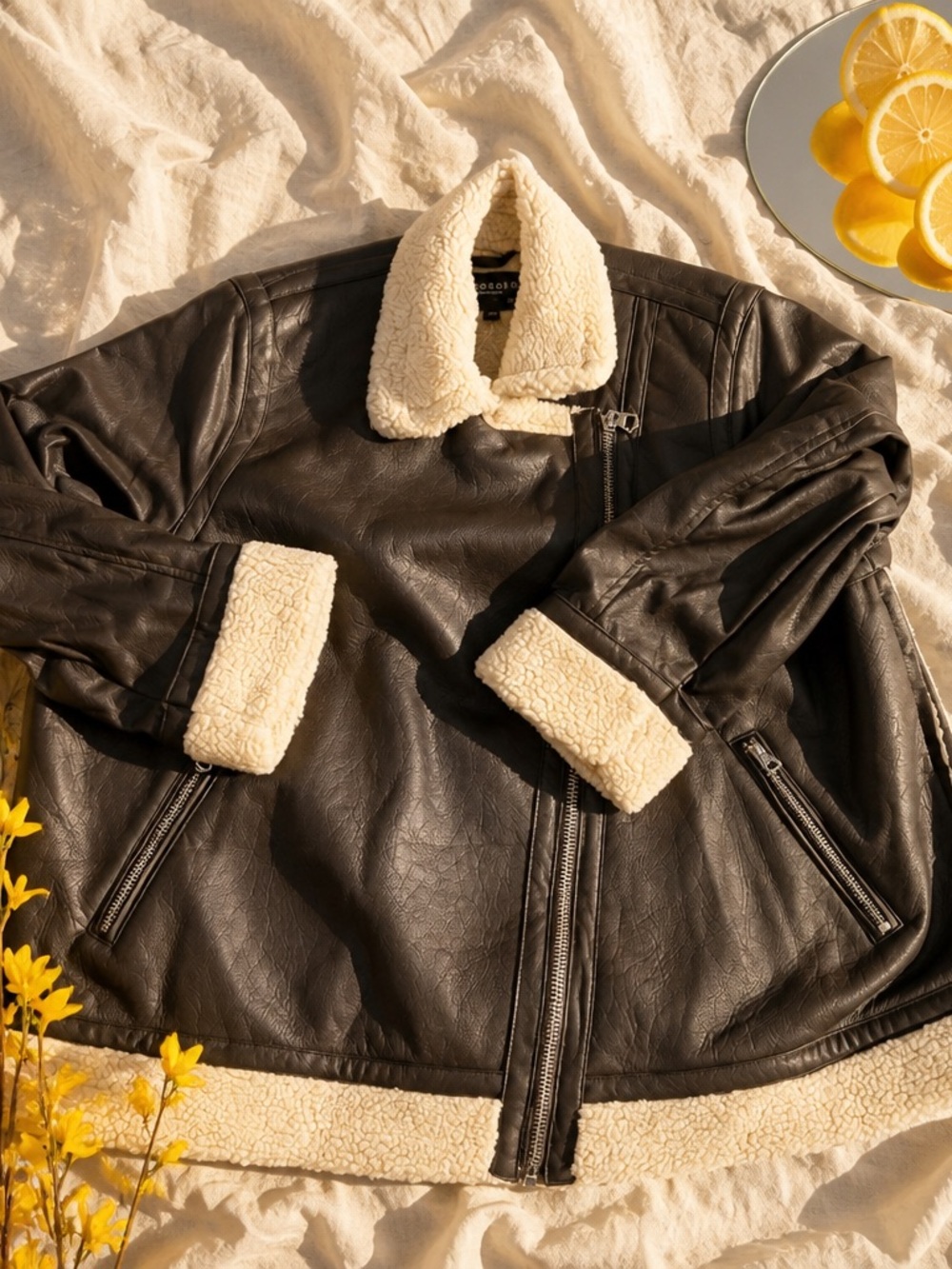 Black Faux Leather Shearling-Trim Jacket with Cream Collar
